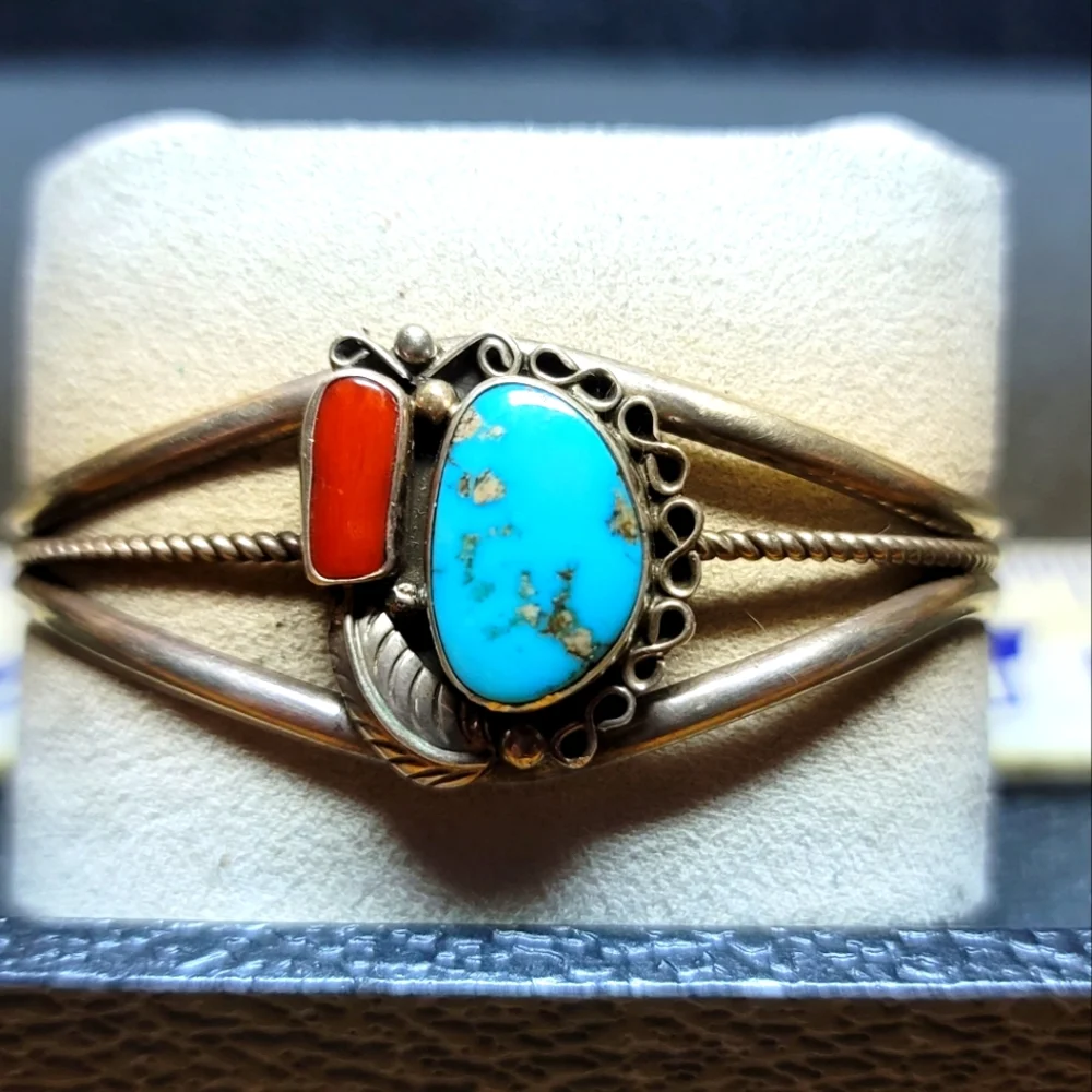 Vintage Native American Made Sterling Silver Cuff Turquoise/Coral